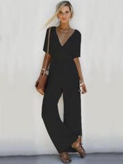 Solid Color V-neck Wide Leg Jumpsuits Bottoms