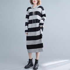 Loose Striped Hooded Knitted Midi Dress