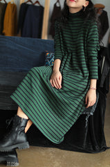 Striped High Neck Literary Loose Thick Midi Dress