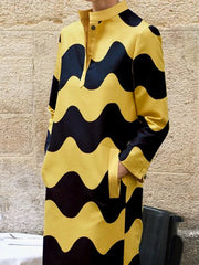 Long Sleeves Loose Contrast Color Split-Side Striped Stand Collar Midi Dresses