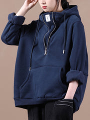 Zipper Solid Hooded Thick Sweatshirt