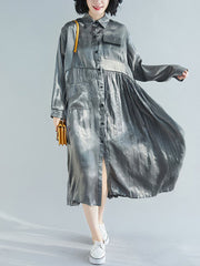 Retro Shirt Collar Pleated Skirt Midi Dress