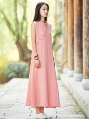 Pink Ramie Cotton Sleeveless Linen Dress