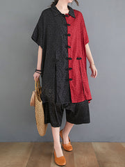 Loose Color Block Shirt Big Pocket Wide Leg Pants Suit