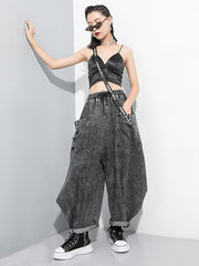 Roomy Stitching Ribbed Jean Wide Leg Pants