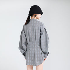 Women Cross Waist Plaid Long Sleeve Shirt Dress