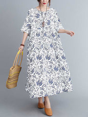 Vintage Floral Round-Neck Dress