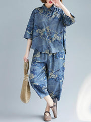 Loose Printed Blouse + Harem Pants Suit