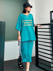Letter Embroidered Large T-Shirt&Skirt Suits