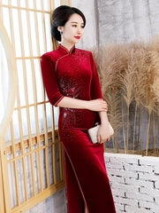 Embroidered Velvet Improved Long Cheongsams