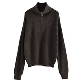 Women High Neck Solid Color Loose Zipper Pullover Sweater