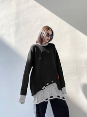 Contrasting Color Long-Sleeved Ripped Loose Sweatshirt