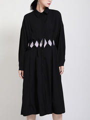 Lapel Solid Long Sleeves Hollow Midi Dress