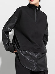 Women Stitching Zipper Stand Collar Sweatshirt