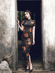 Stand-Up Collar Printed Slouchy Slim Fit Short Sleeve Cheongsam With High Slit Maxi Dress
