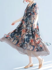 Women Round Neck Print Loose Casual Dress