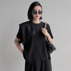 Round Neck Solid Color Irregular Split T-Shirt