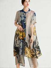 Artistic Retro Floral Stamped Buttoned Stand Collar Short Sleeves Blouse&Wide Legs Pants 2 Pieces Set