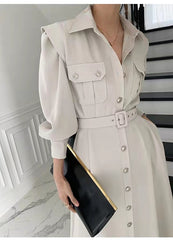 Retro Solid Color Midi Dress With Belt