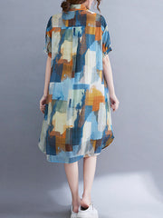Loose Printed Short-Sleeved Shirt Dresses