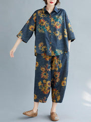 Casual Floral Shirt Blouse Tops+Harem Pants Suits