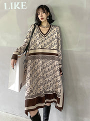 V-Neck Loose Medium Length Dress