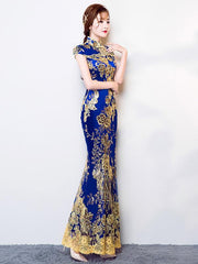 Blue Lace Embroidered Mermaid Cheongsam Evening Dress
