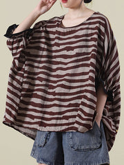 Casual Loose Color Matching Striped Bat Sleeve T-Shirt