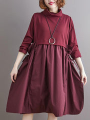 Stitched Pleated Bandge High-Neck Dress