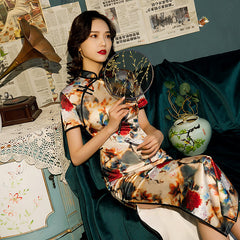 Printed Diagonal Lapel Slimming Fashion Standing Neck Cheongsam Maxi Dress