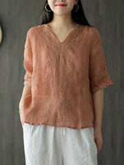 Ramie Loose Embroidered Solid V-Neck Shirt
