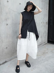Black Cropped Stand Collar Sleeveless Blouse