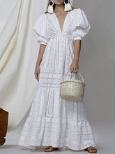 Deep V-Neck Puff Sleeve Lace Hollow Maxi Dress