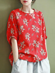 Vintage Flower Print Round Neck T-Shirt