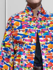 Loose Three-Quarter Sleeves Contrast Color Printed Lapel Collar Outerwear