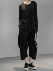 Women Chinese Style Disc Button Pleated Solid Color Casual T-Shirt