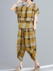 Casual Wide-Leg Yellow Plaid Comfortable Suits