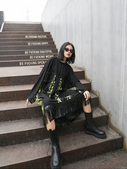 Women Stitching Fringed Bat Sleeve Dress