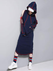 Cold shoulder Drawstring Split-back Sweatshirt Midi Dress