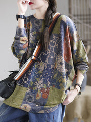 Retro Literary Casual Round Neck Print Top