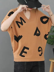 Women V-Neck Bat Sleeve Print Loose Casual T-Shirt