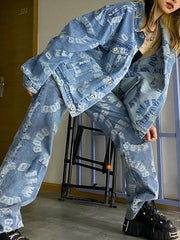 Women Printed Denim Jacket Loose Wide Leg Pants Set