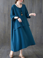 Loose Solid Color Round Neck Midi Dress