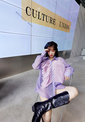 Women Pleated Ruffled Vertical Stripes Shirt