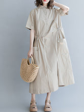 Women Solid Color Round Neck Waist Drawstring Dress