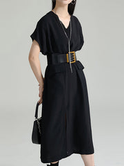 Pockets Pure Color Split-Side Roomy Raglan Sleeve V-Neck Midi Dresses