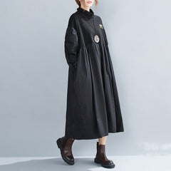 Loose Pleated Puff Sleeve Black Stitching Midi Dress