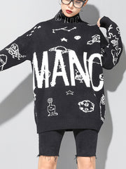 Women Printed Turtleneck Bat Shirt Sweater