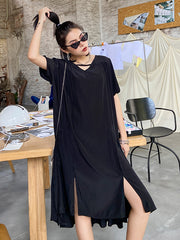 Original Solid Round-Neck Split-Side Dress