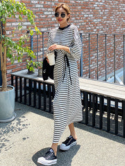 Waist In Slim Short Sleeve Striped Casual Dress